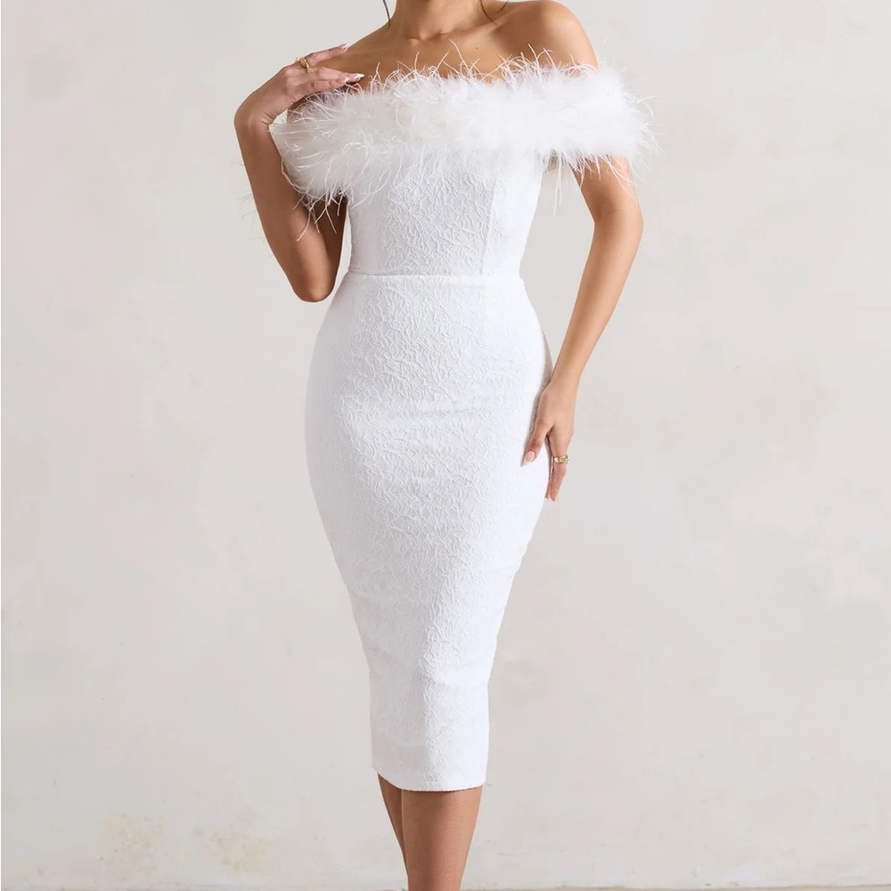 Club L London White Feather Trim Midi Dress